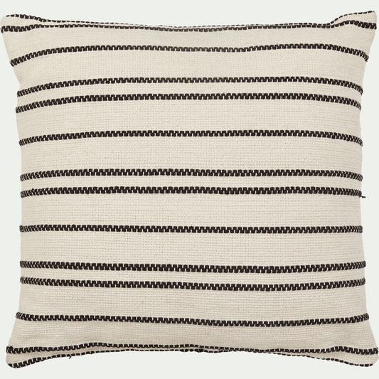 BADIANE - Coussin à rayures brodées en coton 45x45cm - noir et écru