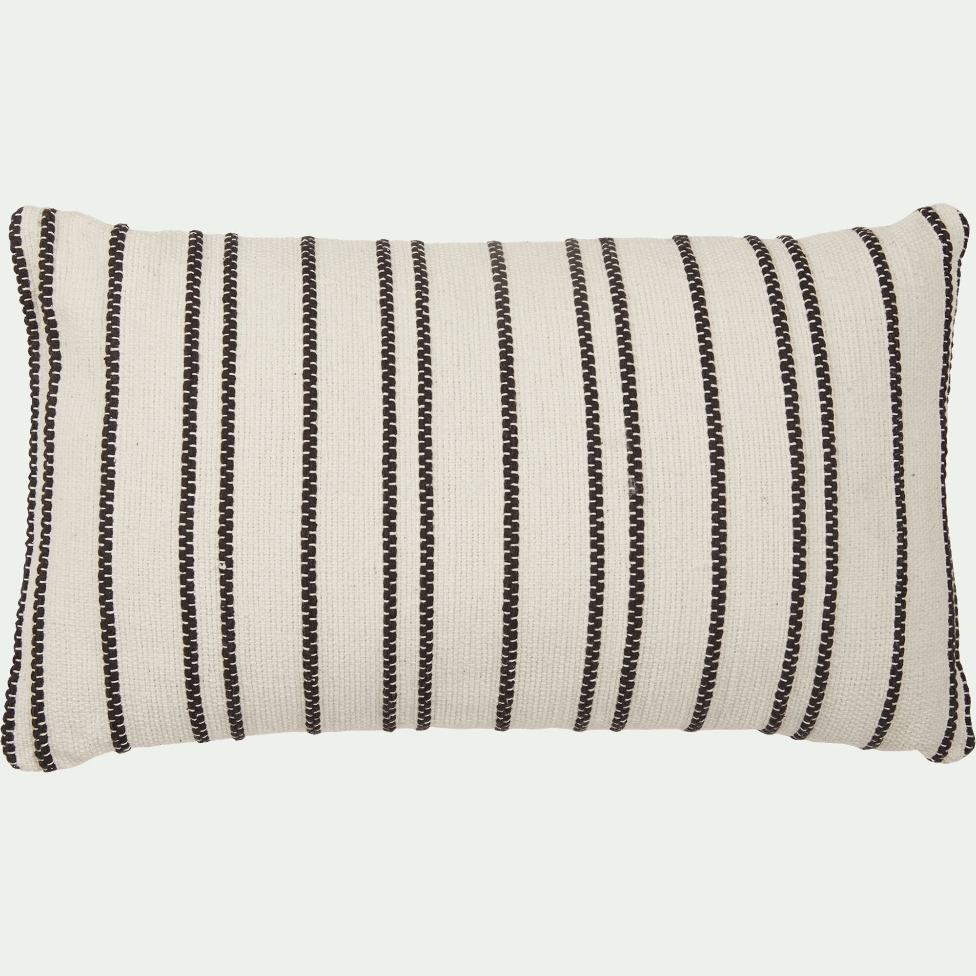 BADIANE - Coussin à rayures brodées en coton 30x50cm - noir et écru
