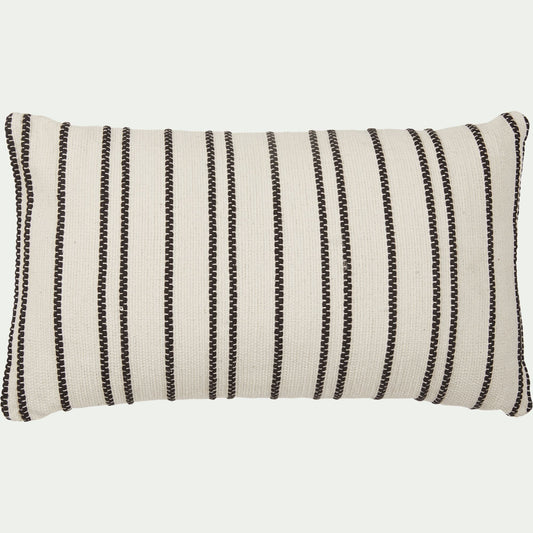 BADIANE - Coussin à rayures brodées en coton 30x50cm - noir et écru