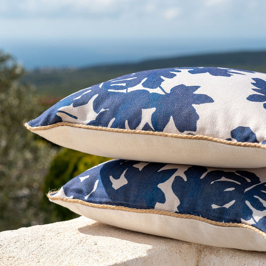 FIGUIER - Coussin d'extérieur à motif feuilles de figuier 45x45cm - bleu
