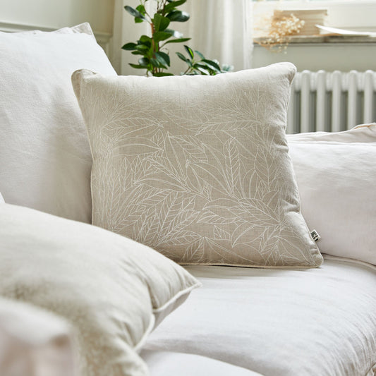 ST REMY - Coussin motif Laurier en lin et coton 45x45cm - blanc