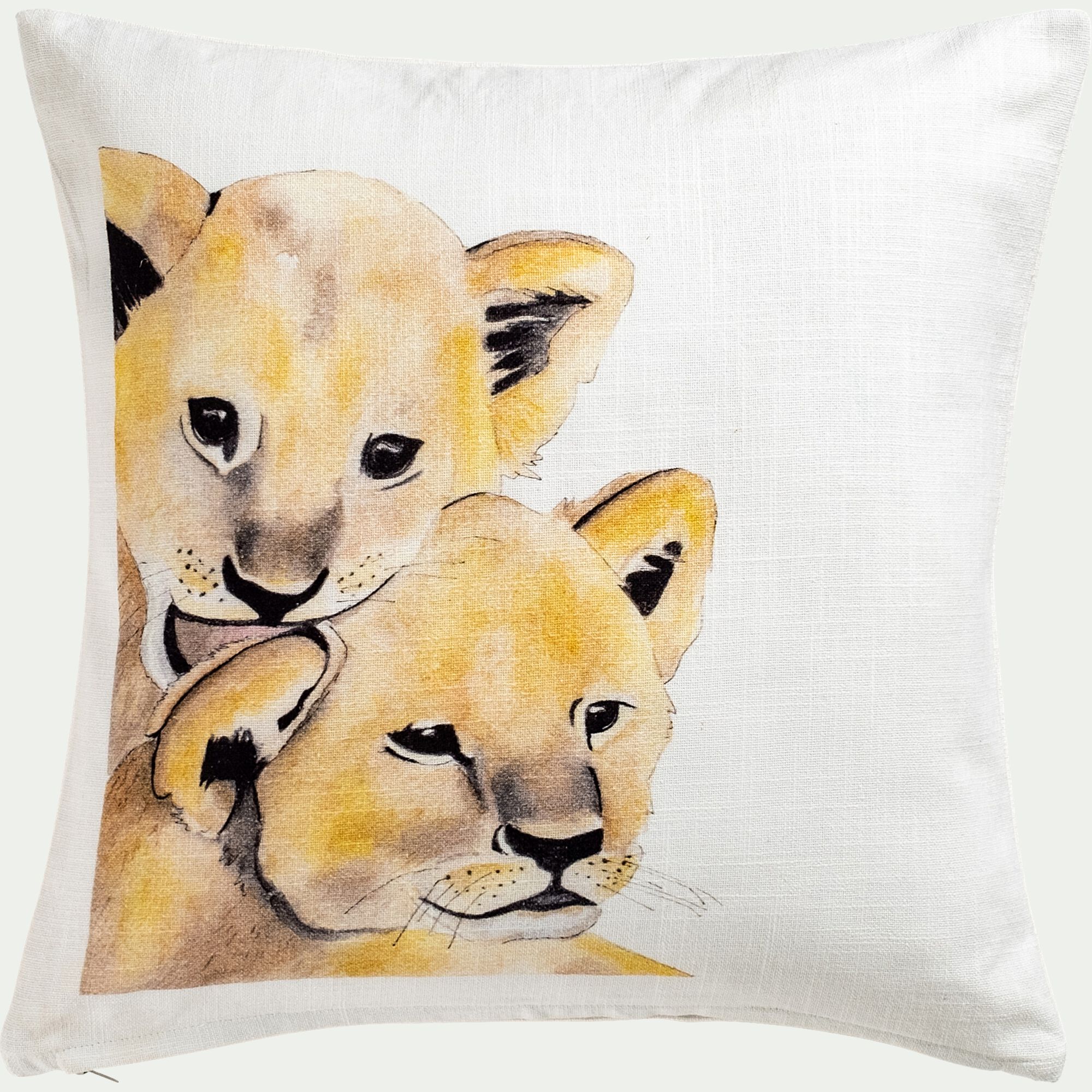 FAMILLE LION - Coussin motif lions en coton 45x45cm - jaune