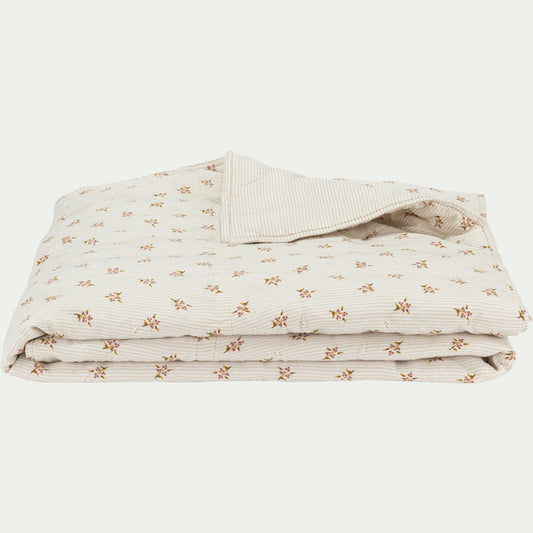 MOUCHOIR - Couvre-lit en lin et coton 220x240cm motif rayé et floral - blanc