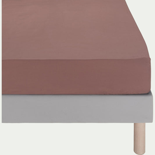 FLORE - Drap housse en percale de coton 140x200cm B30cm - brun rhassoul