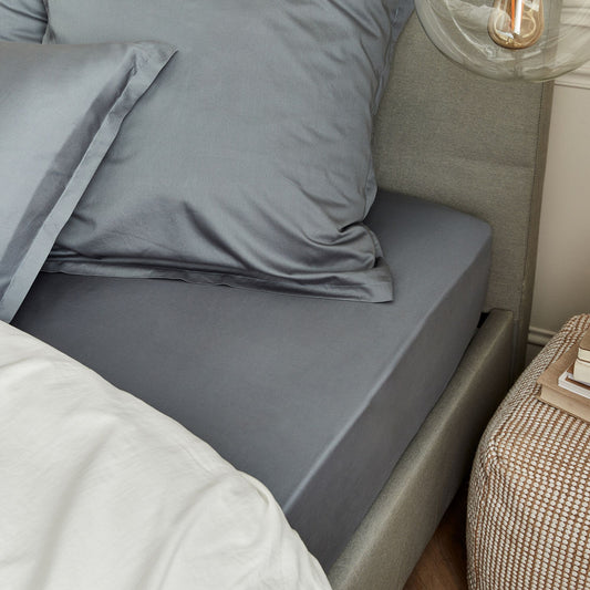 SATINE - Drap housse en satin lavé 140x200cm B30cm - bleu orage