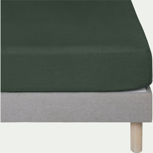 VENCE - Drap housse en lin lavé 180x200cm B28cm - vert cèdre