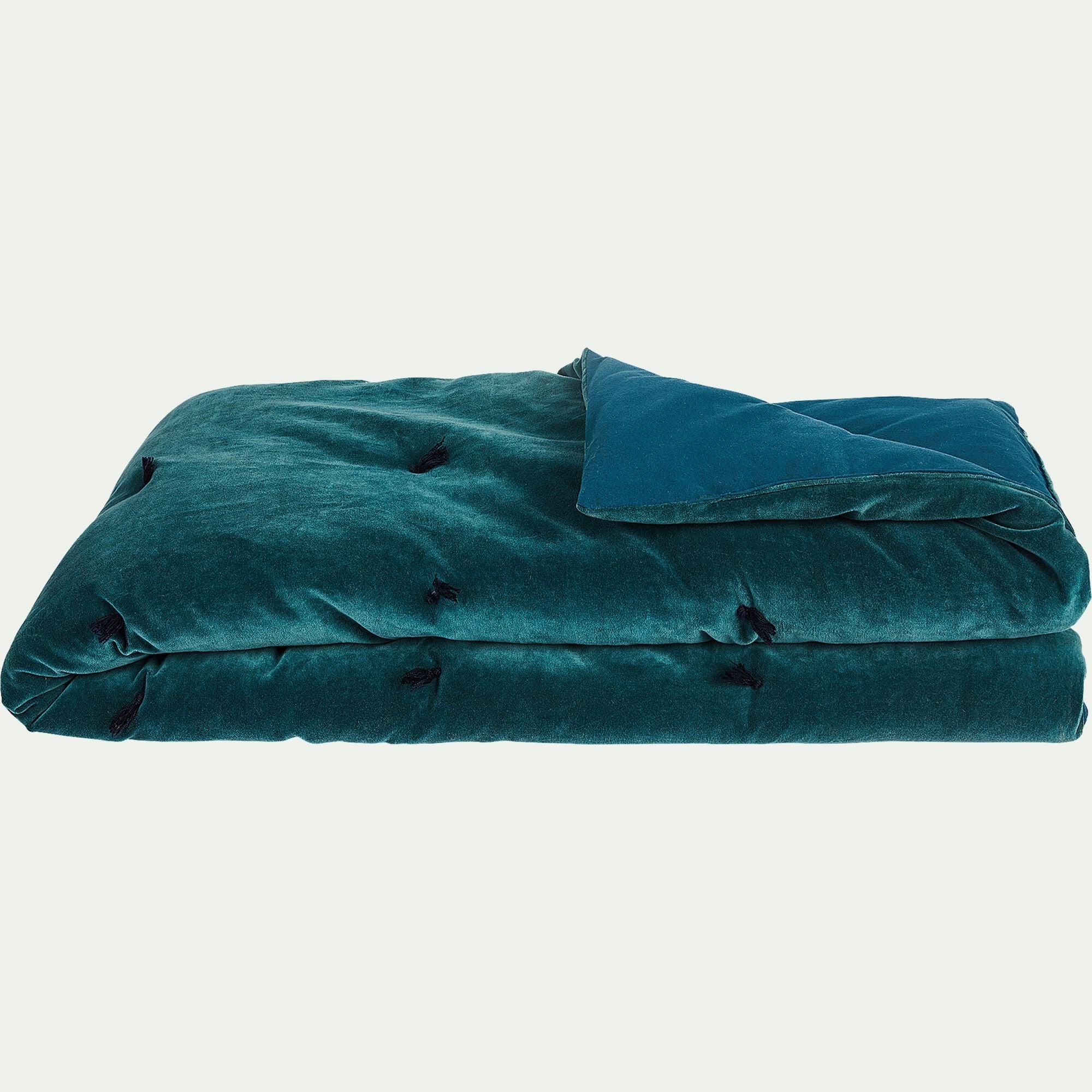 EDEN - Édredon en velours de coton 100x180cm piquage pompons - bleu