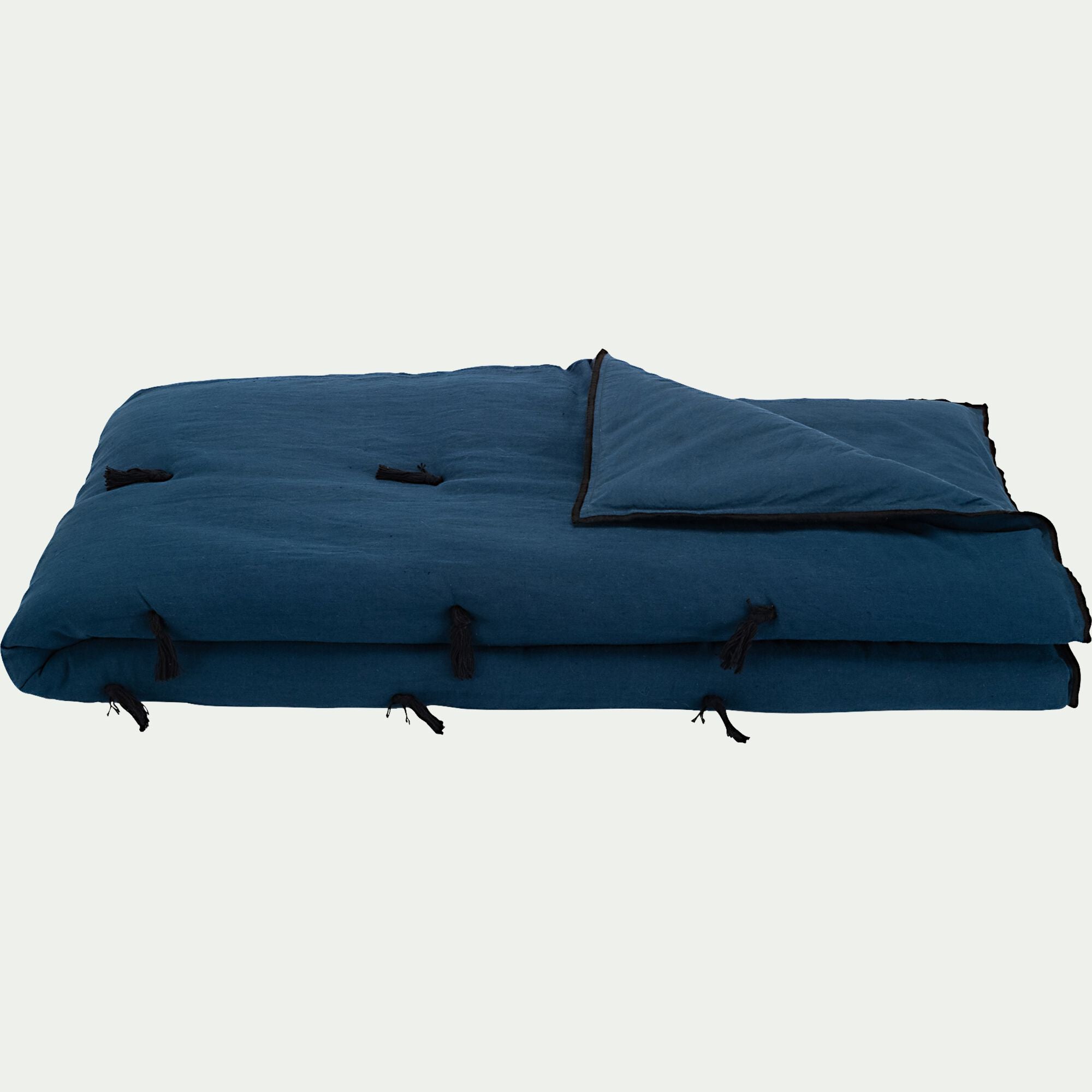 ELINA - Édredon en lin et coton 100x180cm piquage pompons - bleu figuerolles