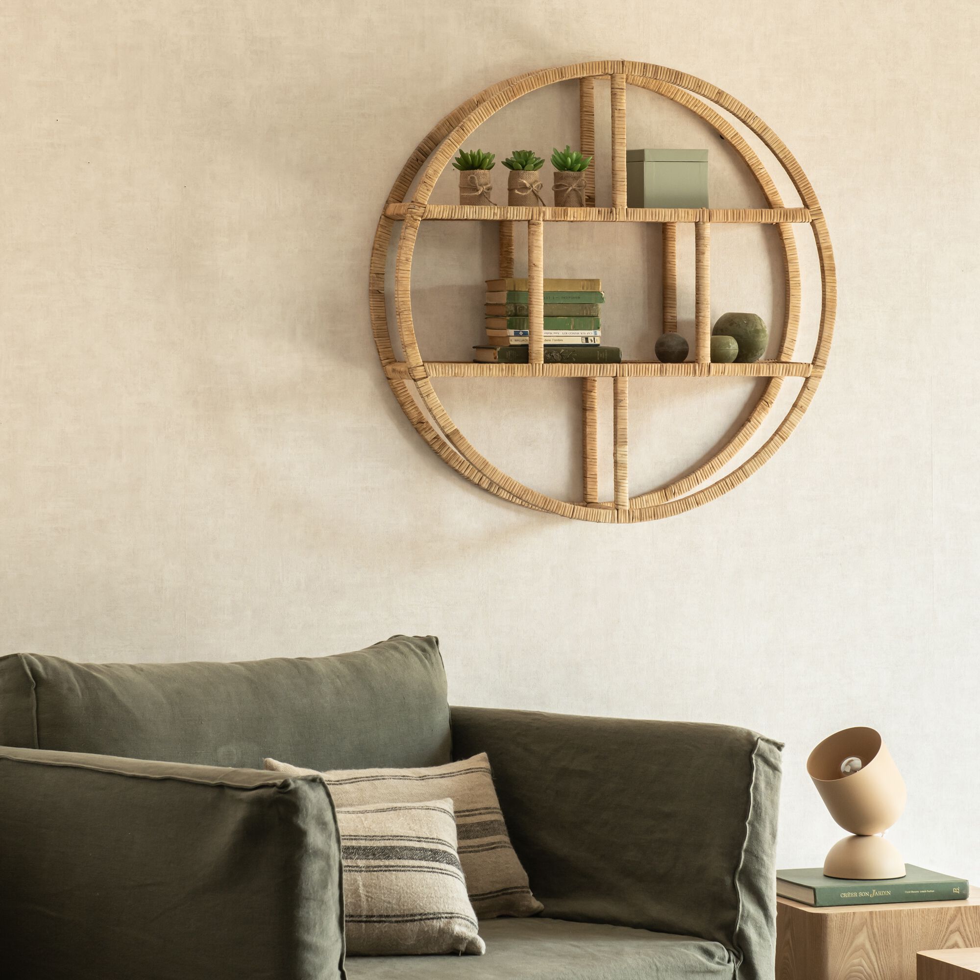 ABISTO - Etagère murale ronde en rotin - naturel D79cm