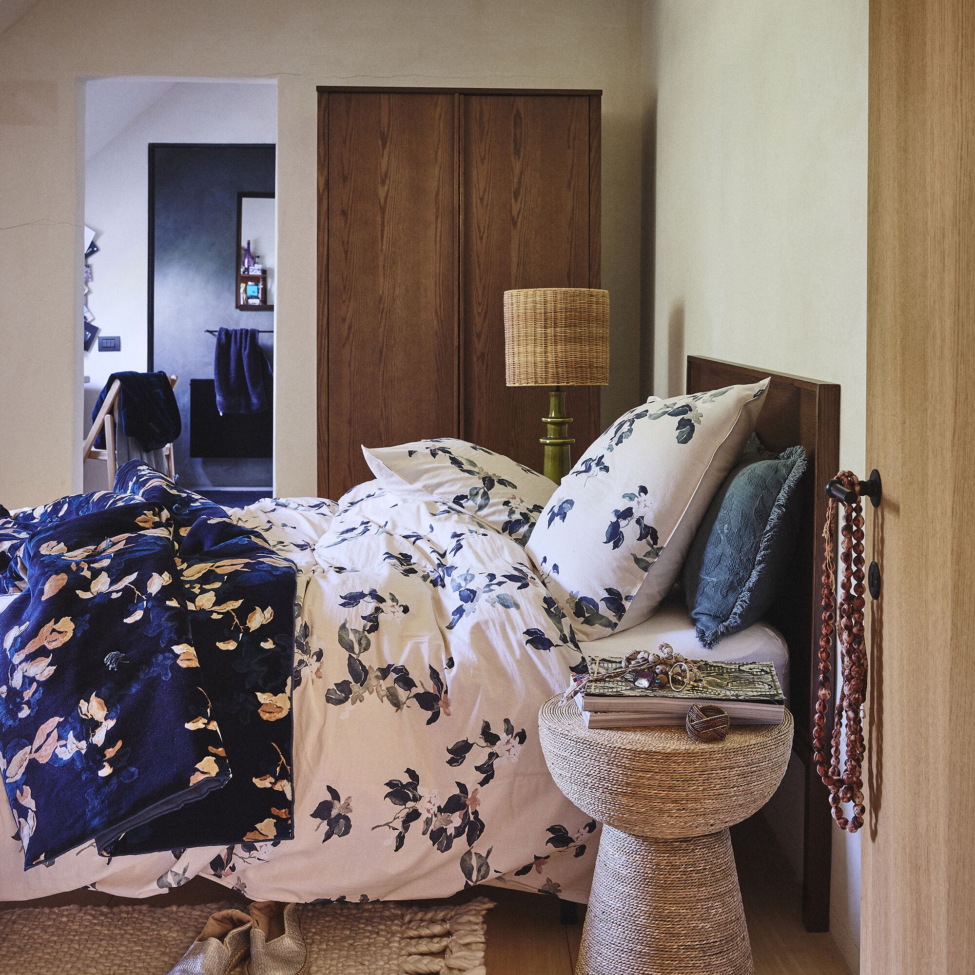 ANH - Édredon à motif fleuri en coton velours lavé 100x180cm - bleu