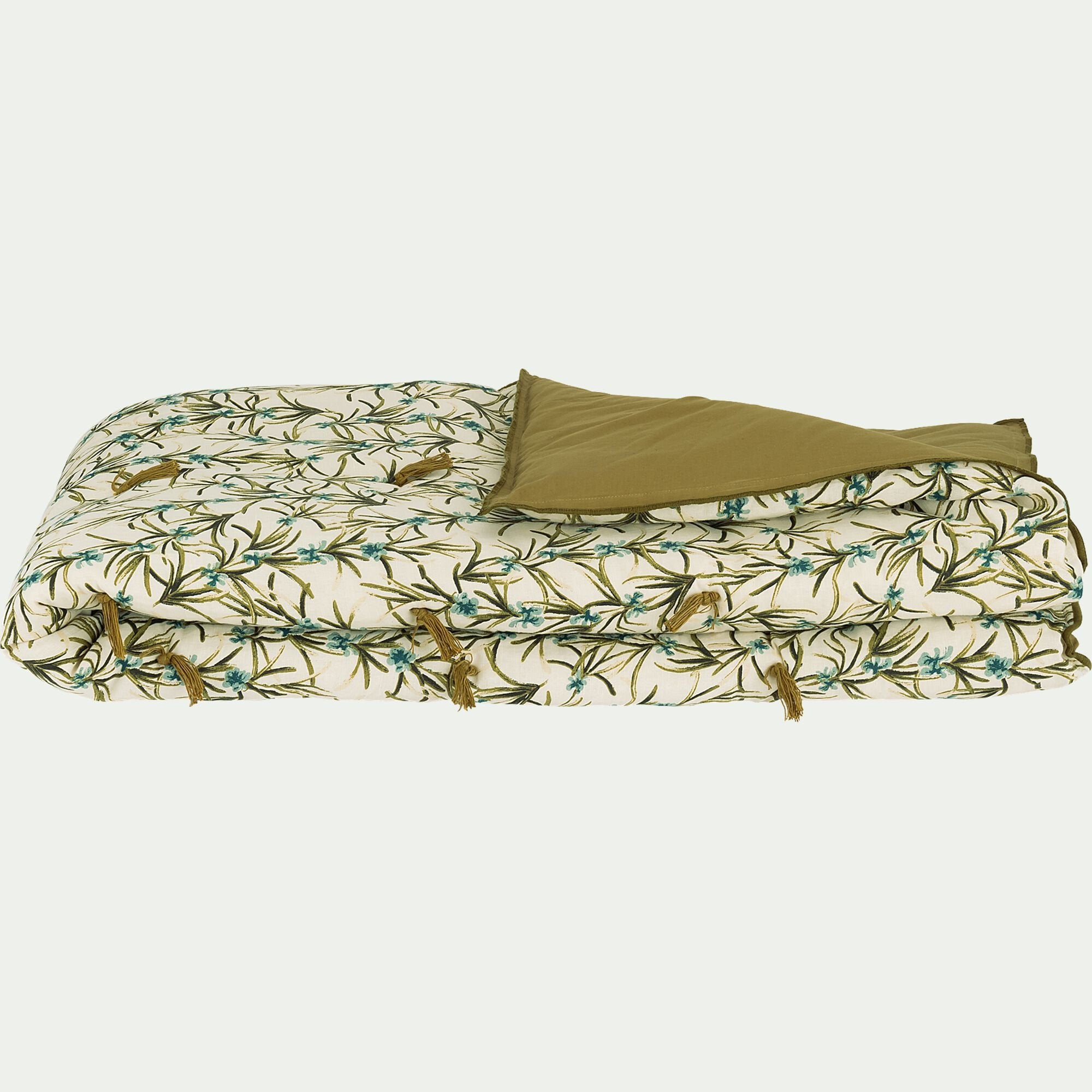 ELINA - Édredon à motif romarin en lin et coton 100x180cm piquage pompons double faces - vert