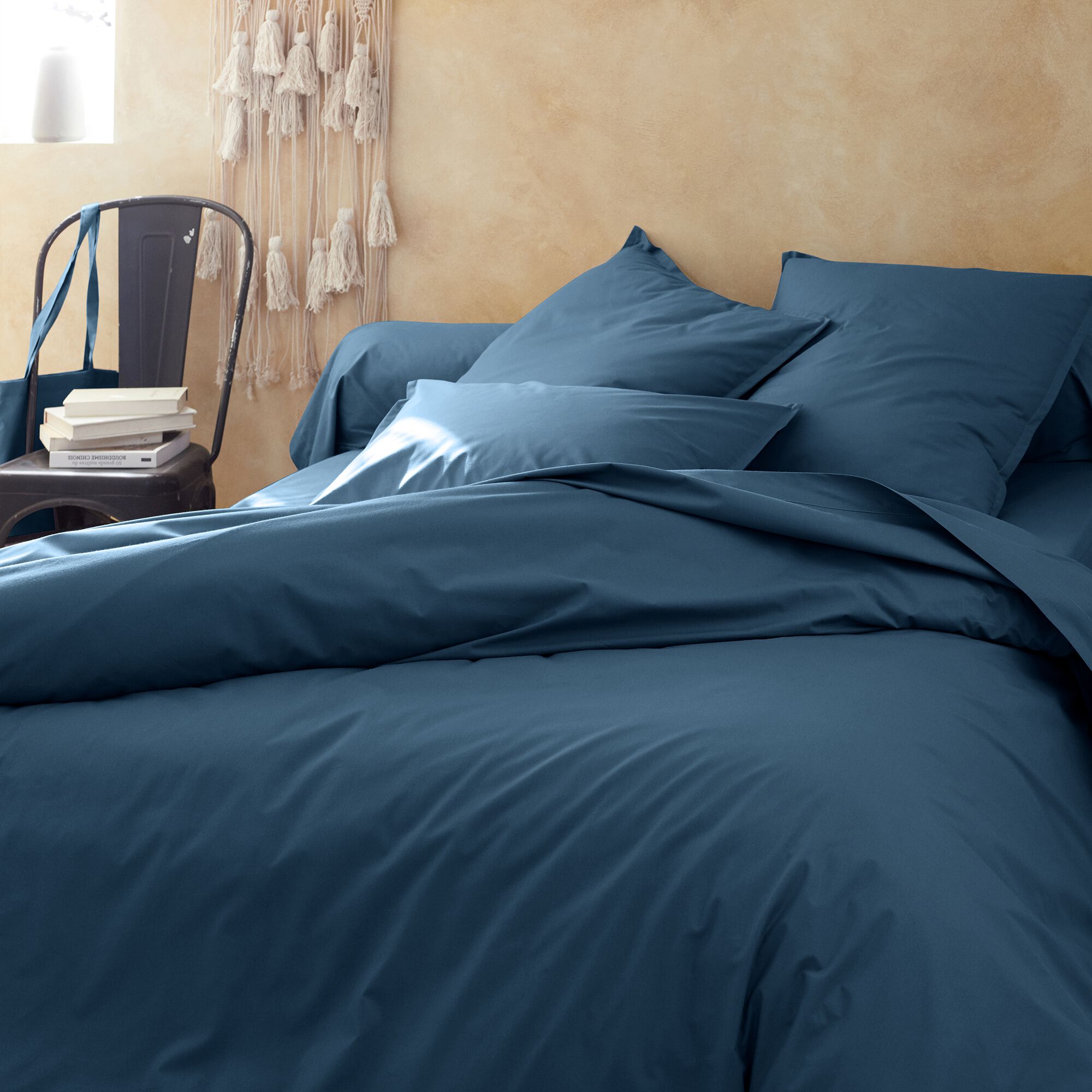 FLORE - Linge de lit uni en percale de coton - bleu figuerolles