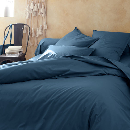 FLORE - Linge de lit uni en percale de coton - bleu figuerolles