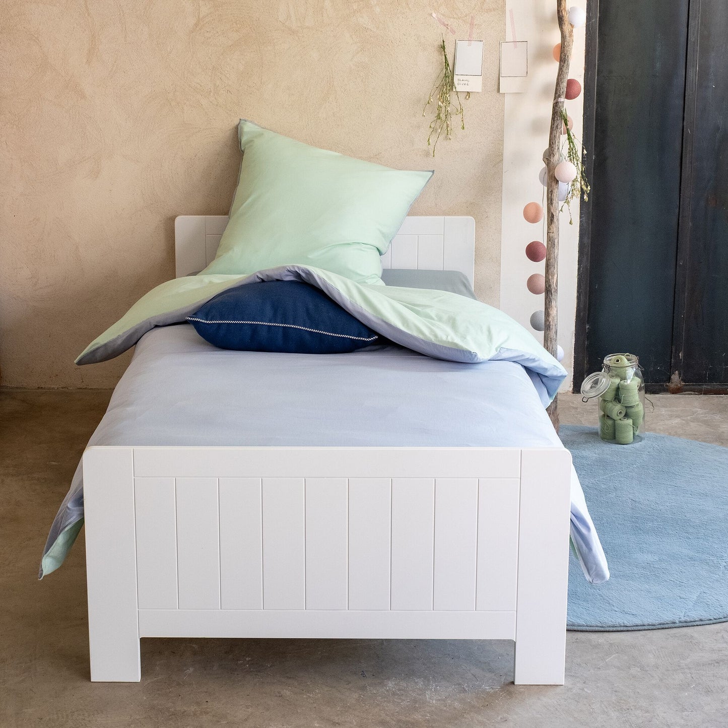 POLKA - Housse de couette enfant bicolore 140x200cm et 1 taie d'oreiller 63x63cm - bleu