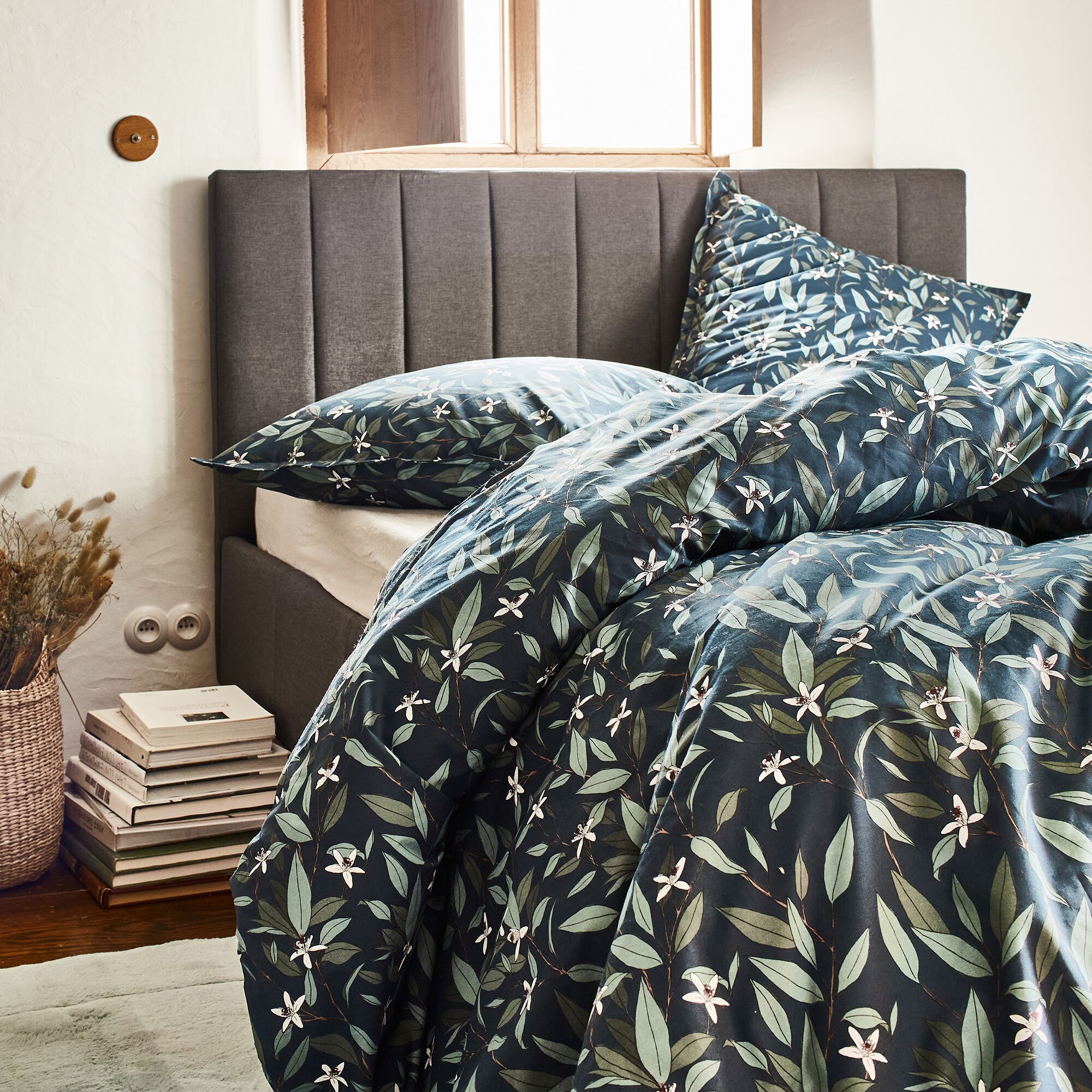 AZALEE - Housse de couette fleurs d'oranger en percale de coton 260x240cm - bleu