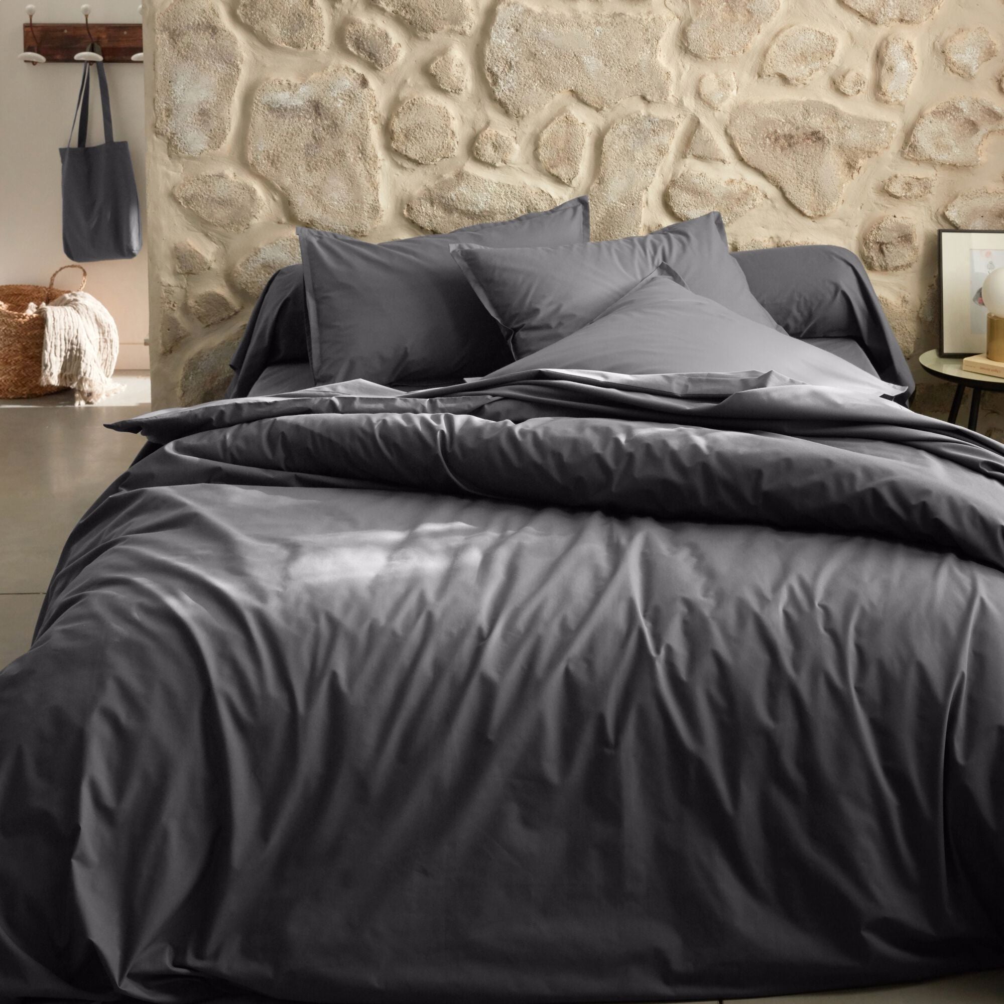 FLORE - Linge de lit uni en percale de coton - gris ardoise