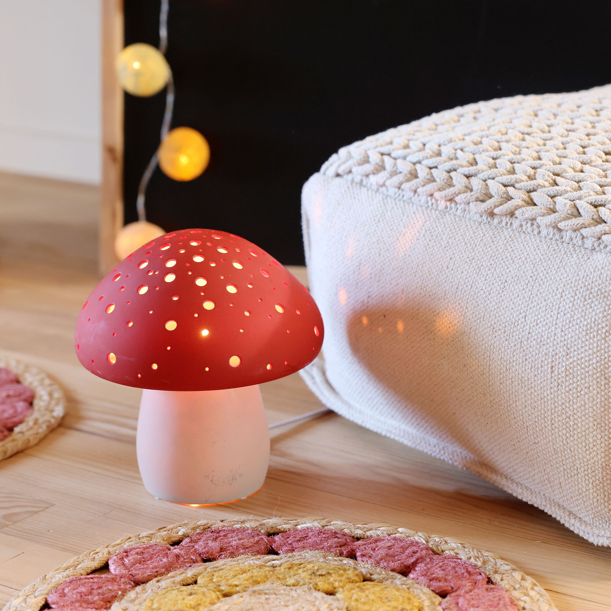 LUMY - Lampe à poser électrifiée forme champignon en porcelaine H22cm - rouge