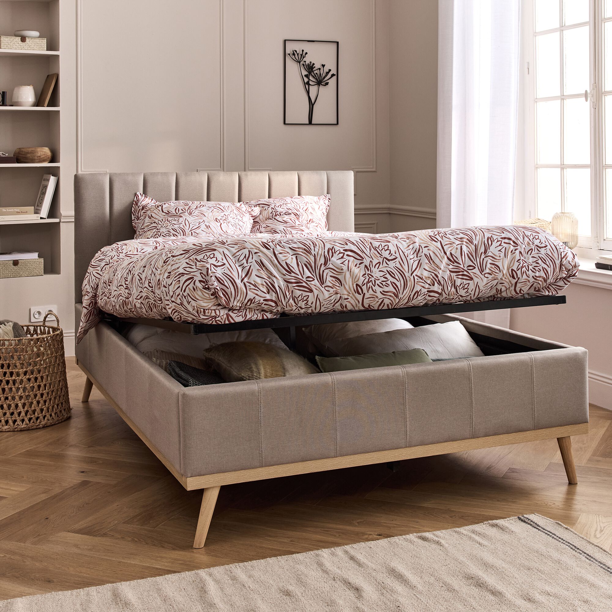 LUNA - Lit-coffre 2 places recouvert de tissu - beige 160x200cm
