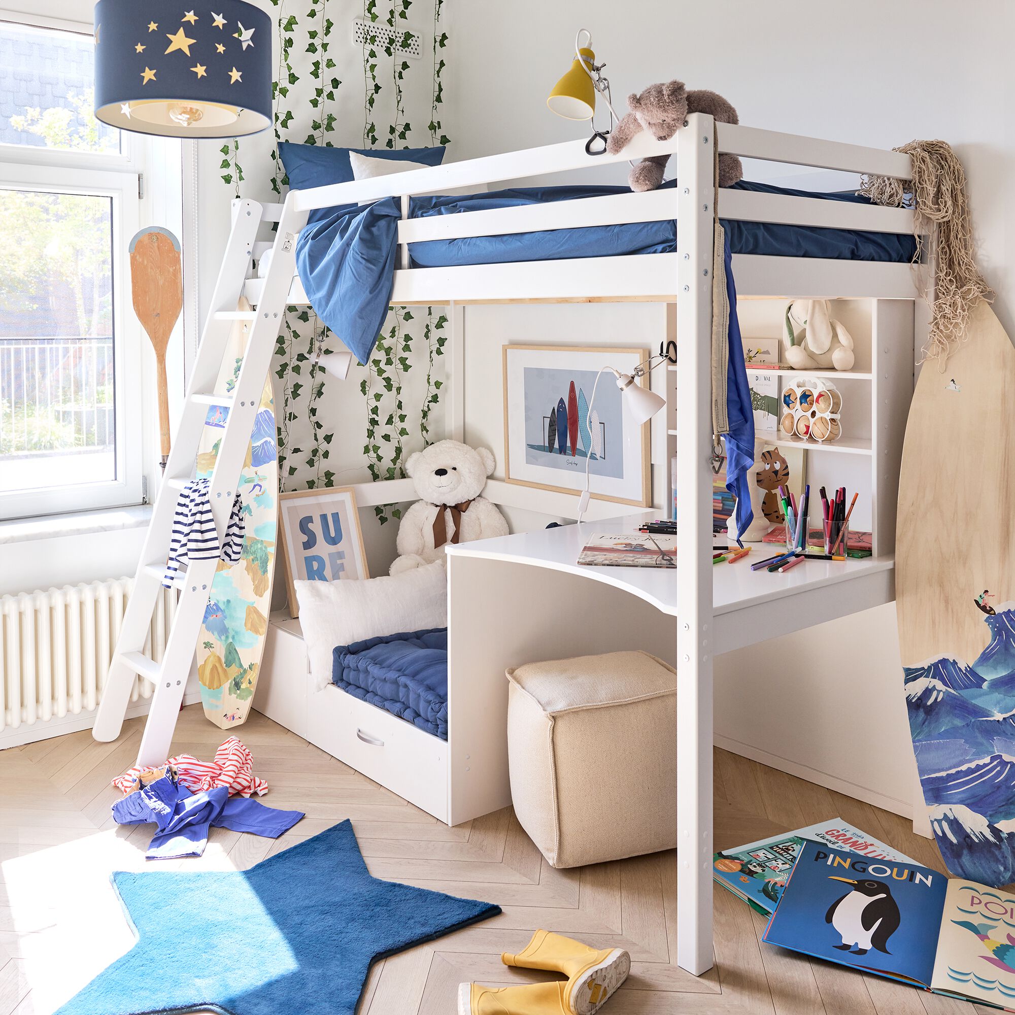 DANIS - Lit mezzanine en pin 90x200cm avec bureau - blanc