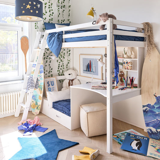 DANIS - Lit mezzanine en pin 90x200cm avec bureau - blanc