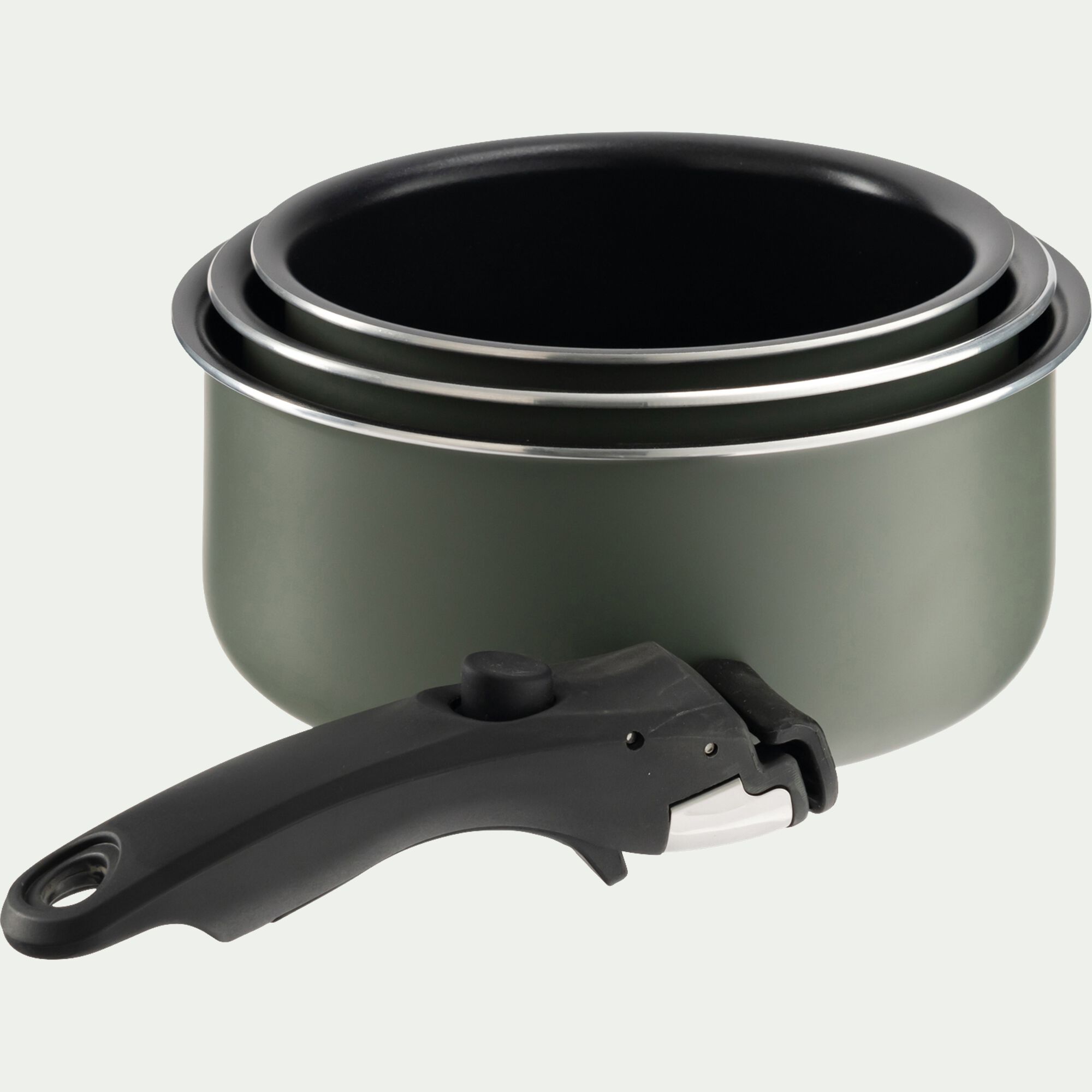 BAGUIE - Lot de 3 casseroles en aluminium avec manche amovible - vert cèdre