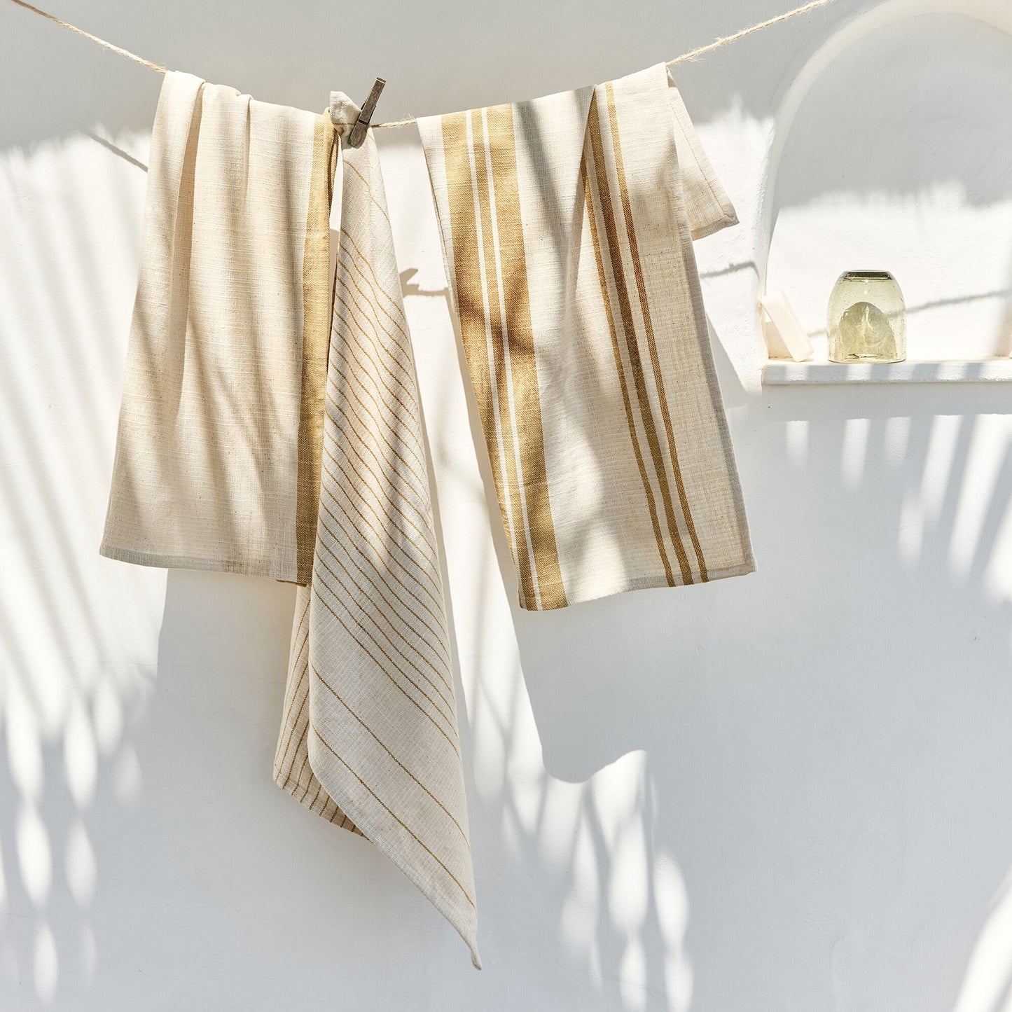 SANTIN - Lot de 3 torchons rayés en coton - beige et jaune 50x70cm