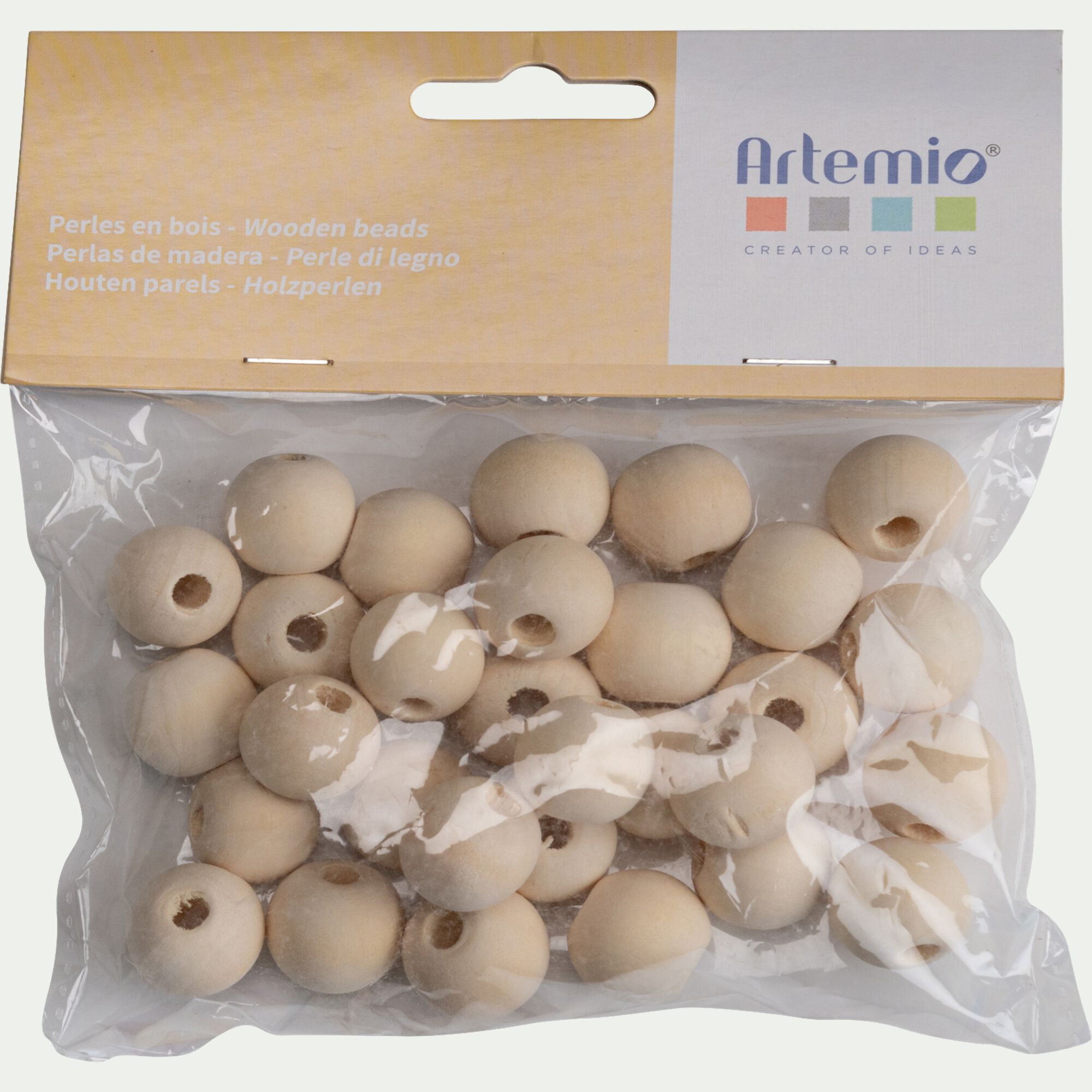 ARTEMIO - Lot de 30 perles rondes en bois de bouleau D2cm - naturel