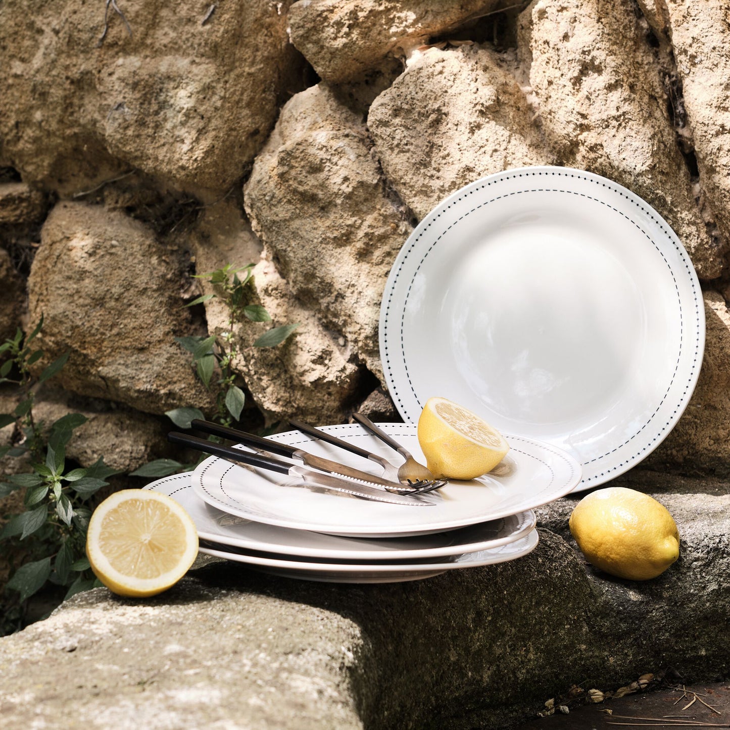 MEDINE - Lot de 4 assiettes plates en porcelaine avec liseré noir D27cm - blanc