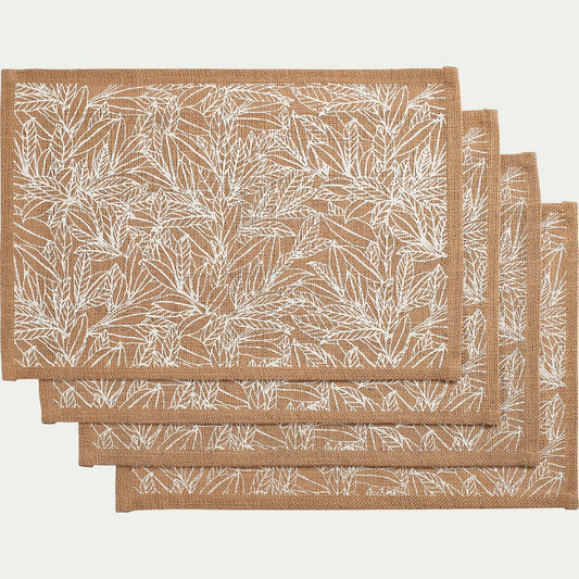 UZES - Lot de 4 sets de table motif laurier en jute 30x45cm - naturel