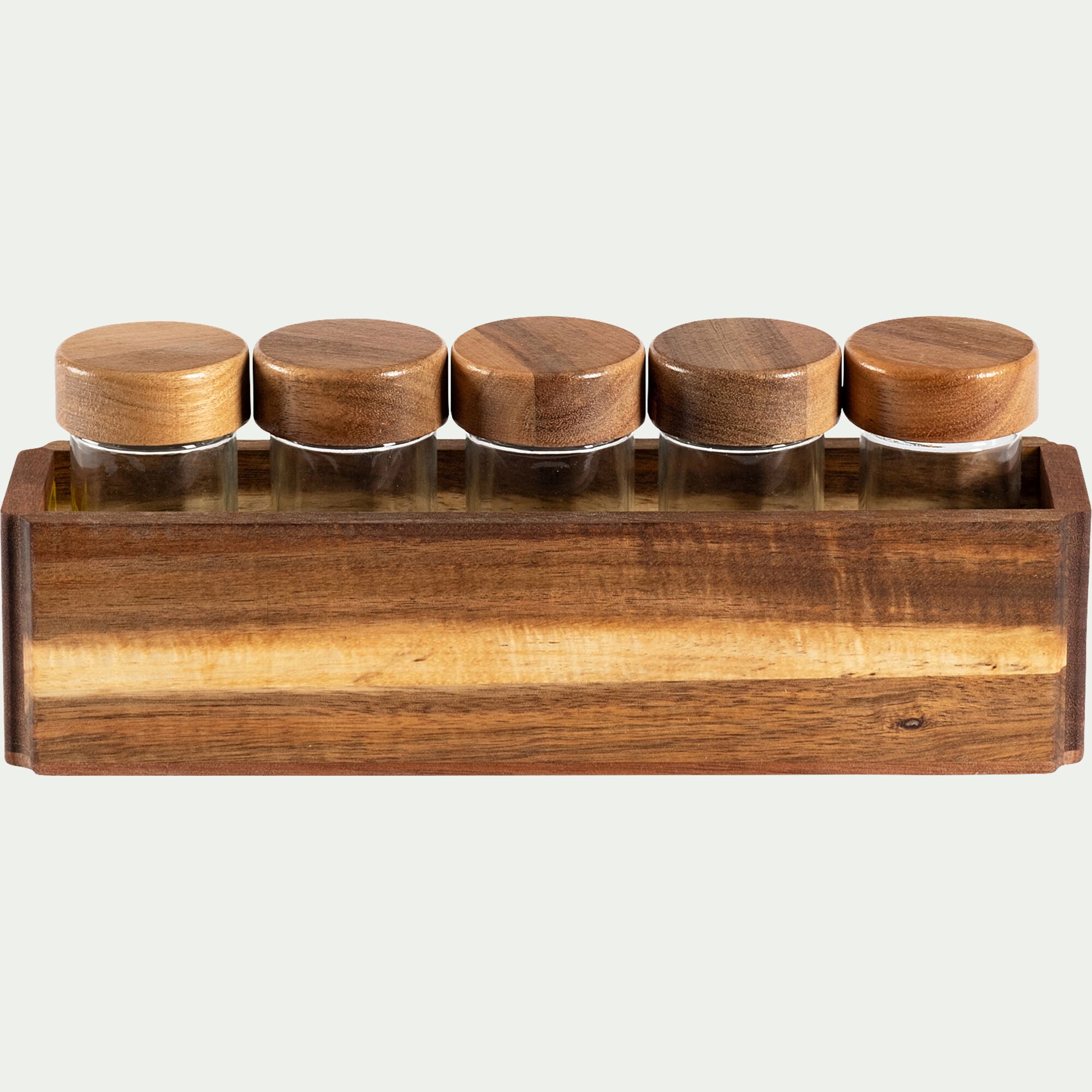 ALISO - Lot de 5 pots à épices en verre avec support en acacia - transparent