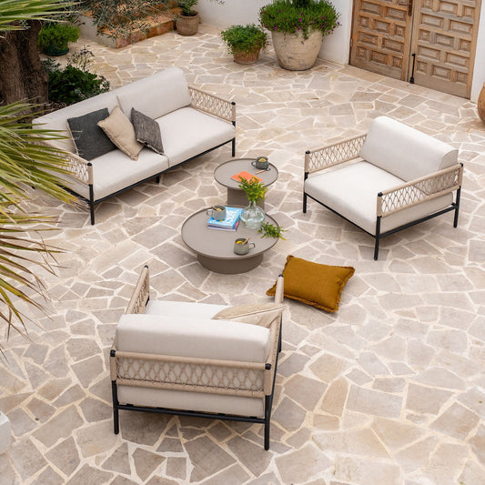 MIMET - Salon de jardin en acier et corde - beige et noir (4 à 5 places)