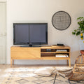 FEVE - Meuble TV plaqué chêne avec porte coulissante L176cm