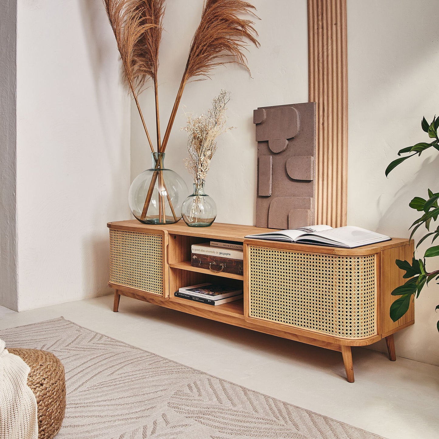 NORI - Meuble tv 2 portes en bois et cannage L160cm - bois clair