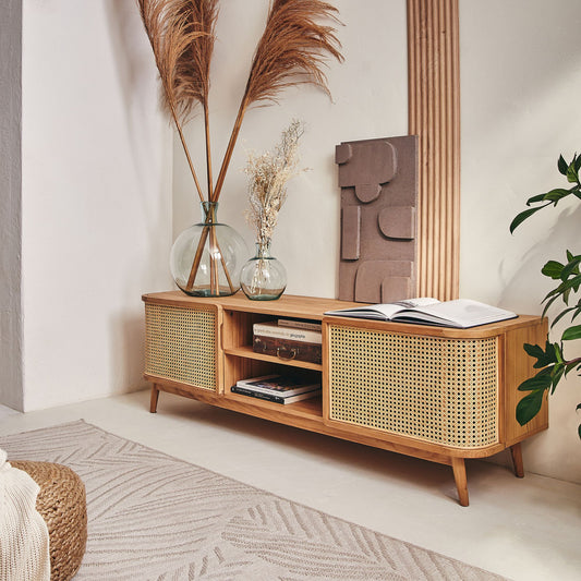NORI - Meuble tv 2 portes en bois et cannage L160cm - bois clair
