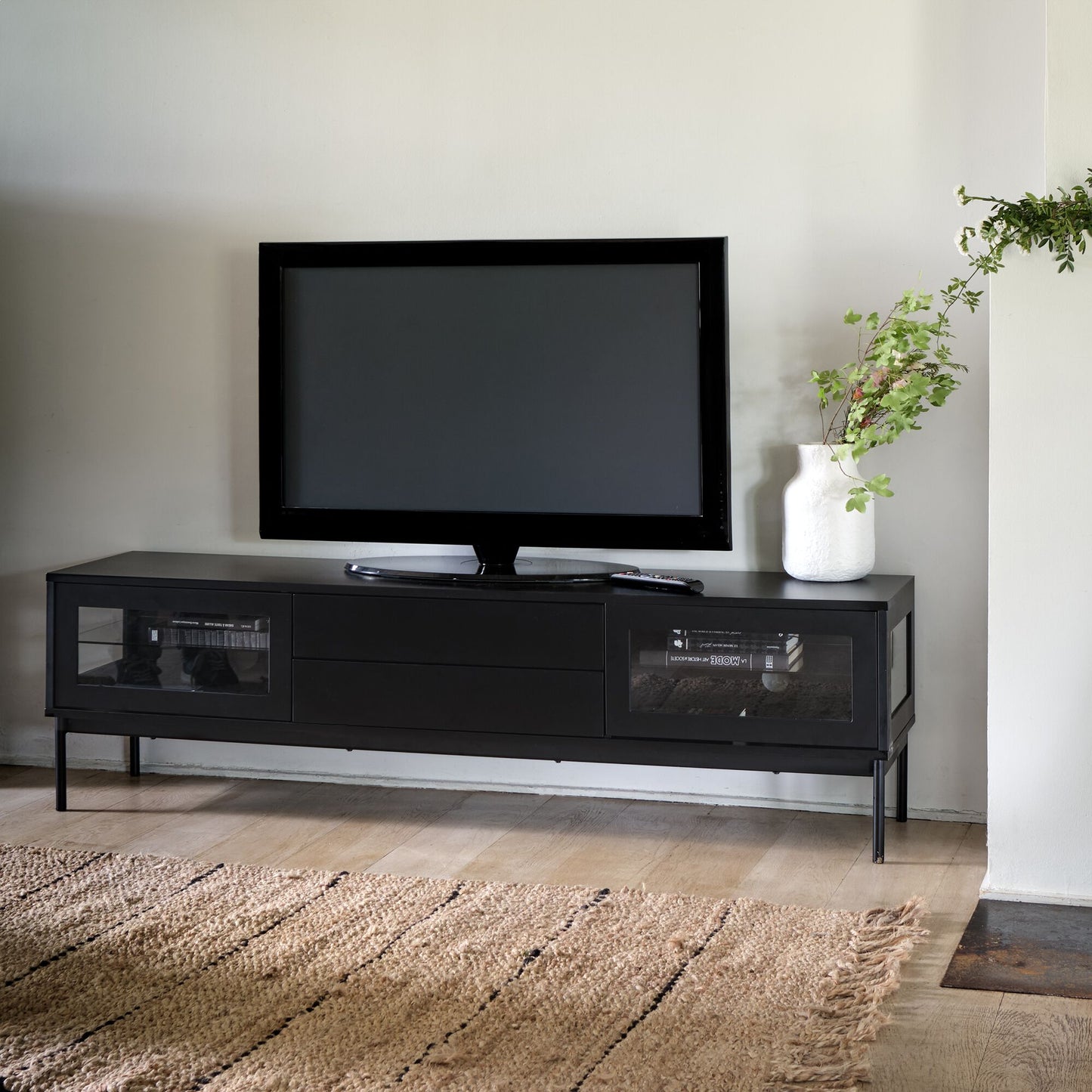 LIPSI - Meuble tv 4 portes en bois et verre - noir L180xl42xH51cm