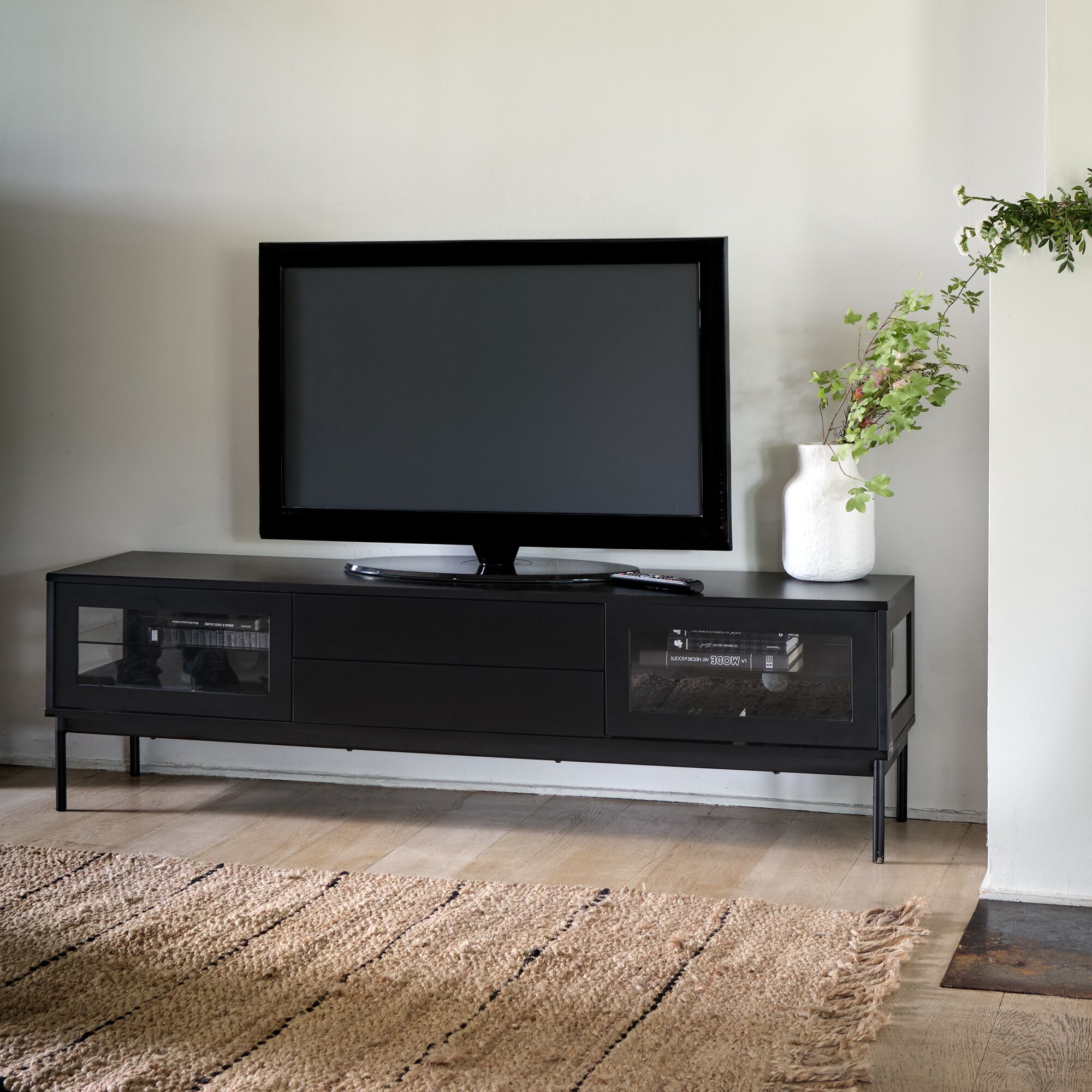 LIPSI - Meuble tv 4 portes en bois et verre - noir L180xl42xH51cm