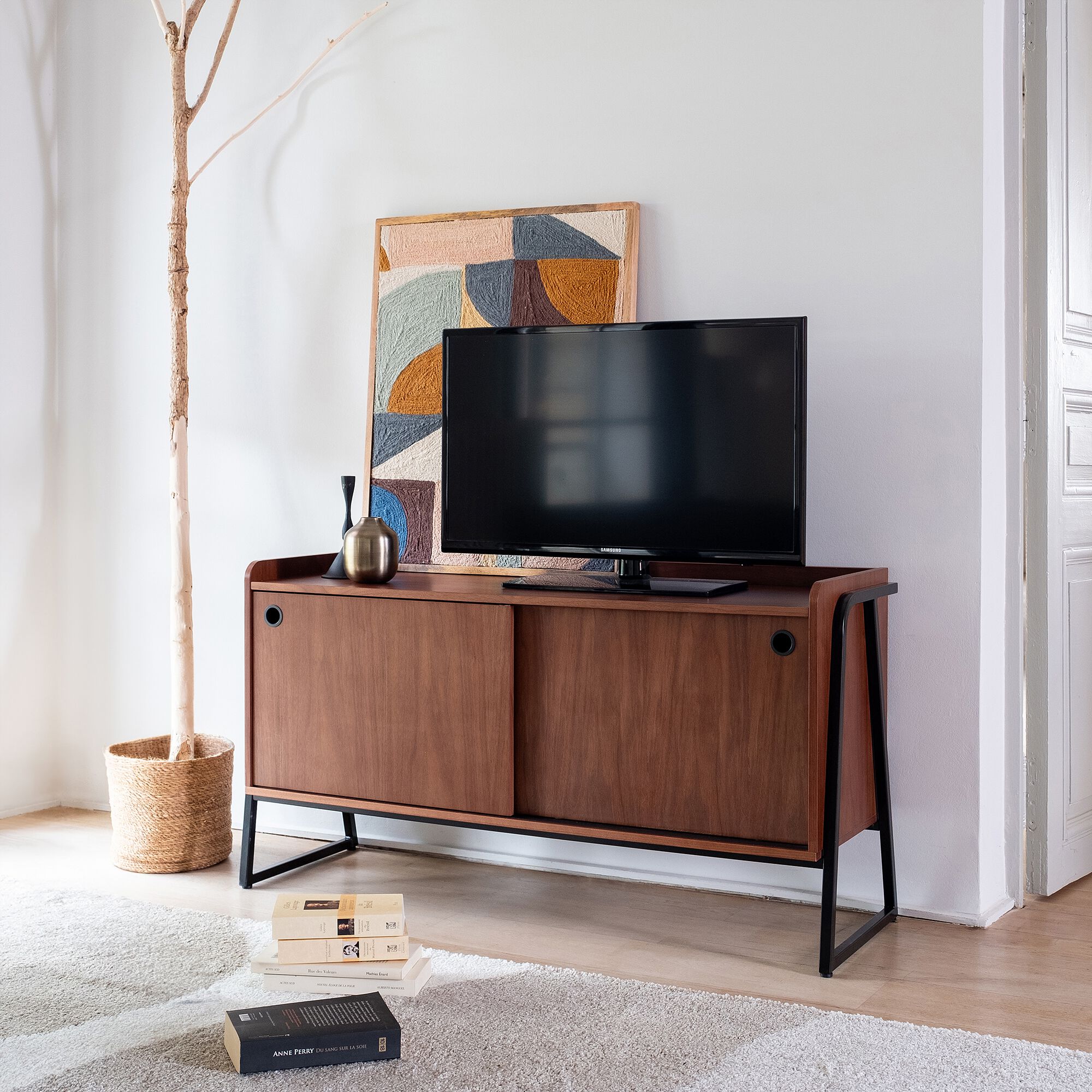 ESTANIER - Meuble TV 2 portes en bois L120xl40xH65cm - bois foncé