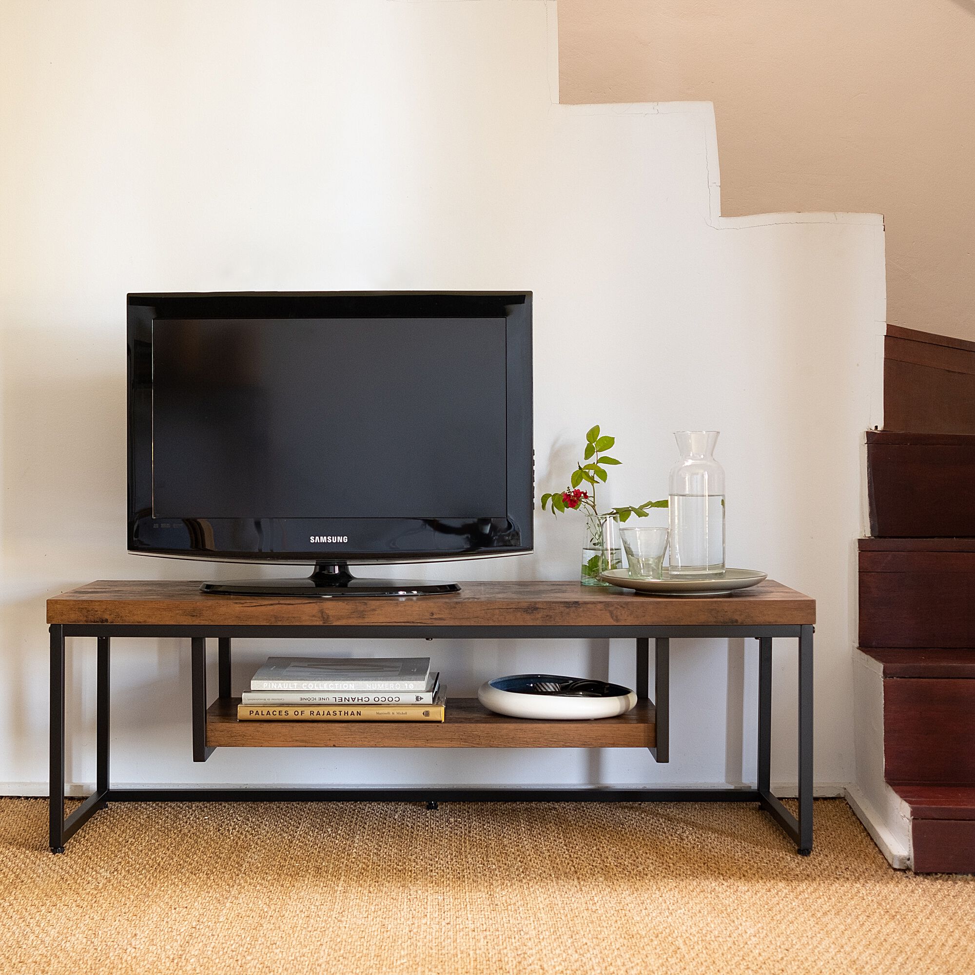 MANILLE - Meuble TV 2 plateaux effet bois et acier - 120cm - marron