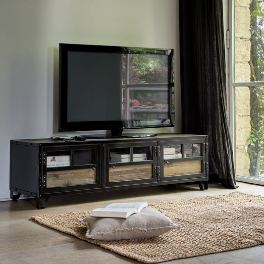 WARE - Meuble TV en pin, acier et verre - bois foncé L150xl45xH45cm