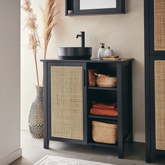 VALLAURIS - Meuble sous-vasque simple en bois de cèdre et 1 porte en cannage - L80cm