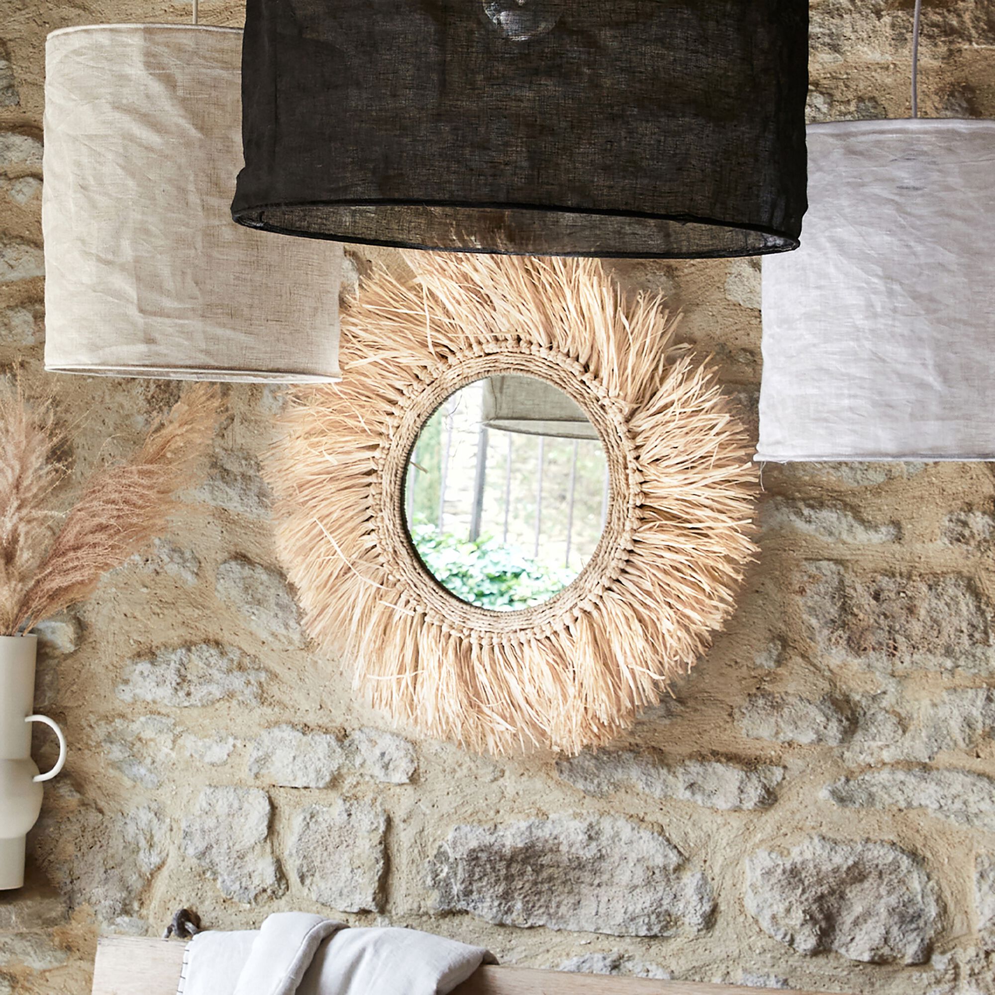 FARO - Miroir rond avec franges en raphia D65cm