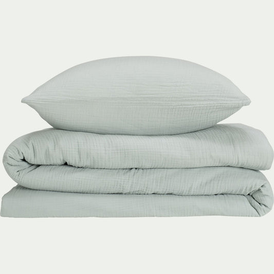 BALETI - Housse de couette 260x240cm et 2 taies d'oreiller 63x63cm en double gaze de coton - bleu littoral