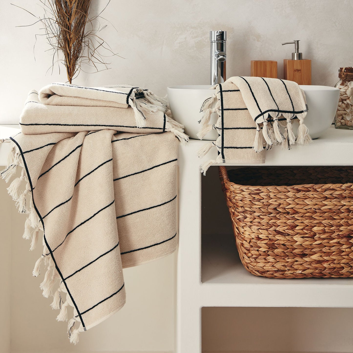 PISELLI - Linge de toilette rayé en coton - beige