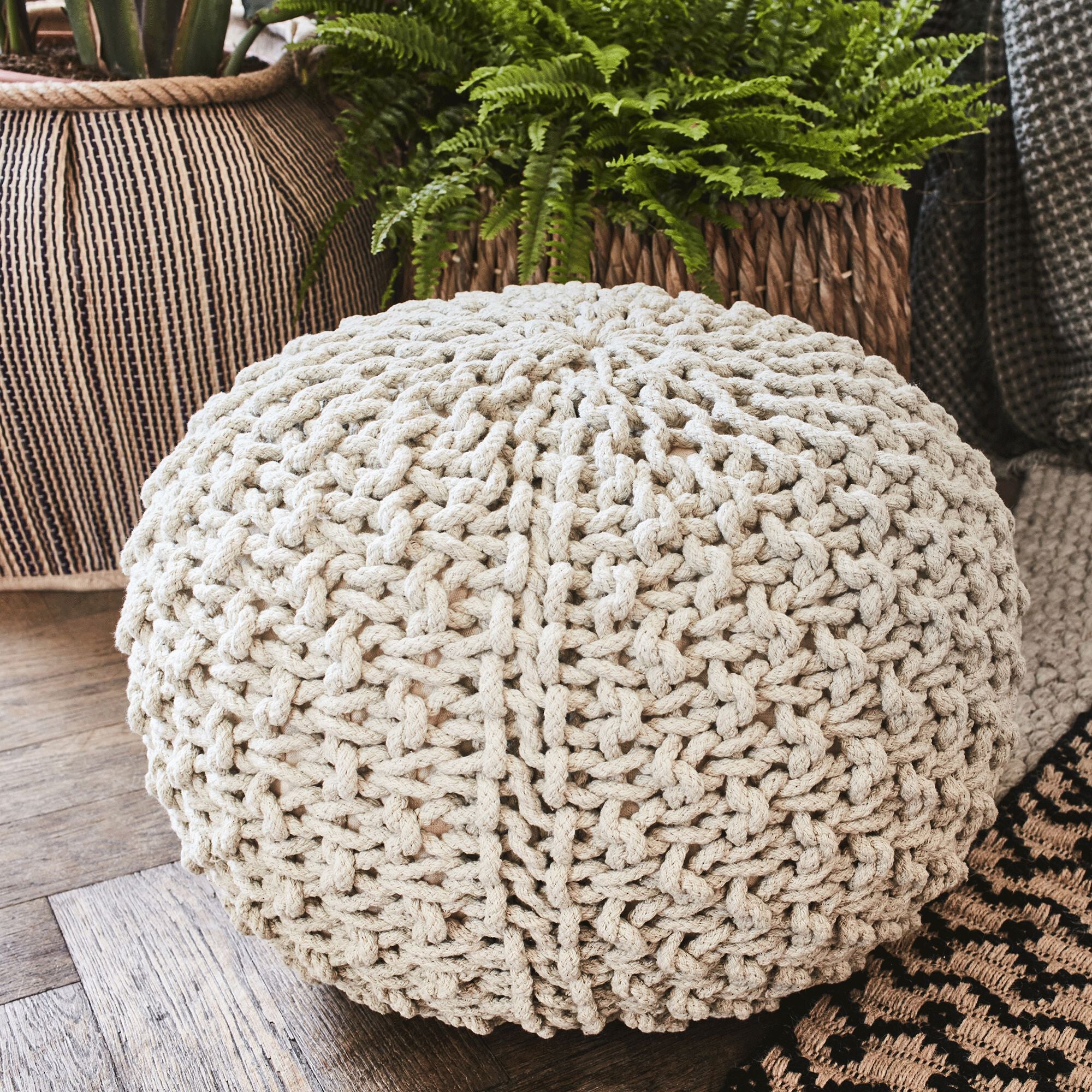 CESAR - Pouf tressé en coton - beige roucas D50xH30cm