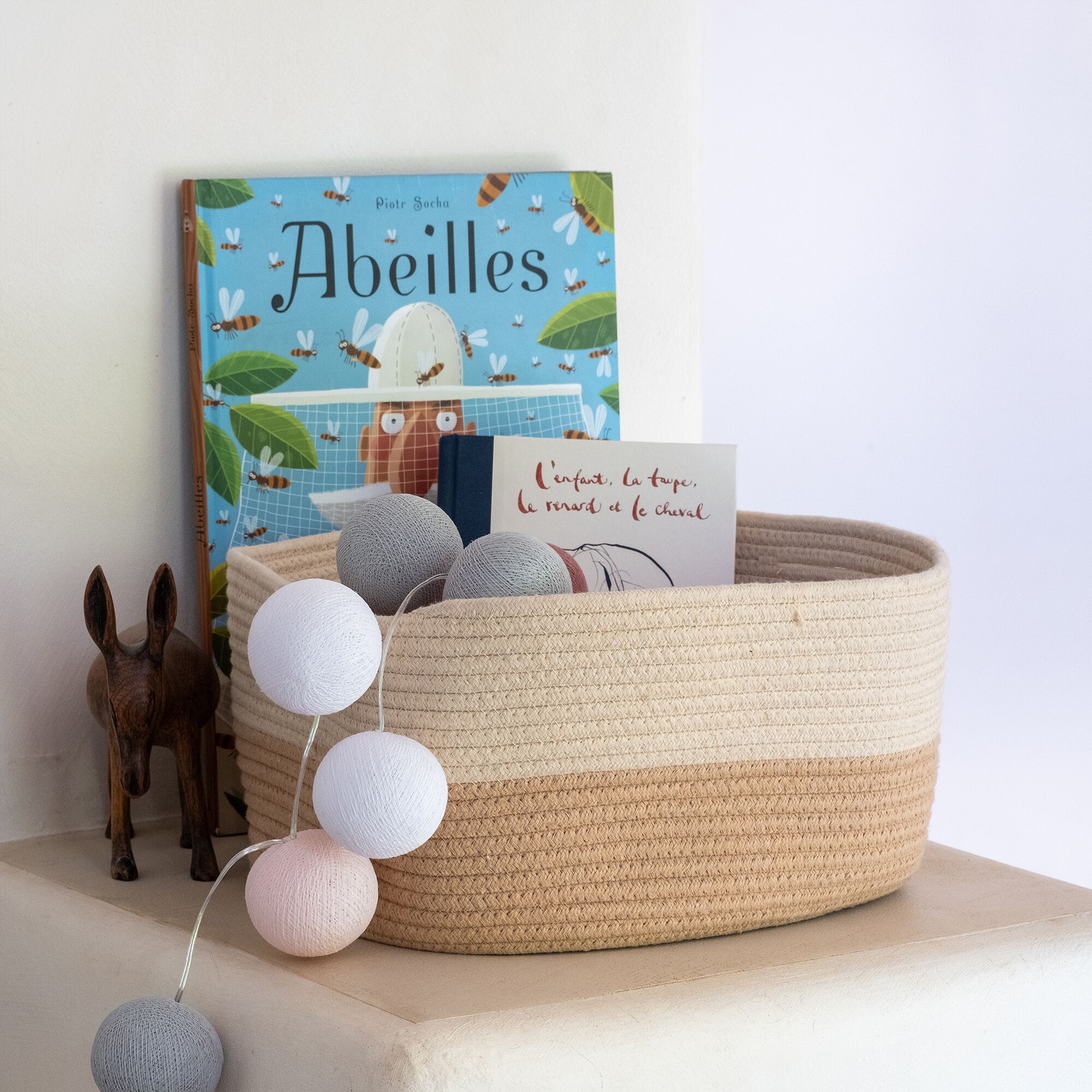 LILA - Panier de rangement bicolore en tissu H20cm - beige