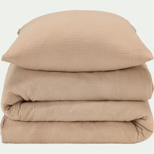 BALETI - Housse de couette 240x220cm et 2 taies d'oreiller 63x63cm en double gaze de coton - beige alpilles