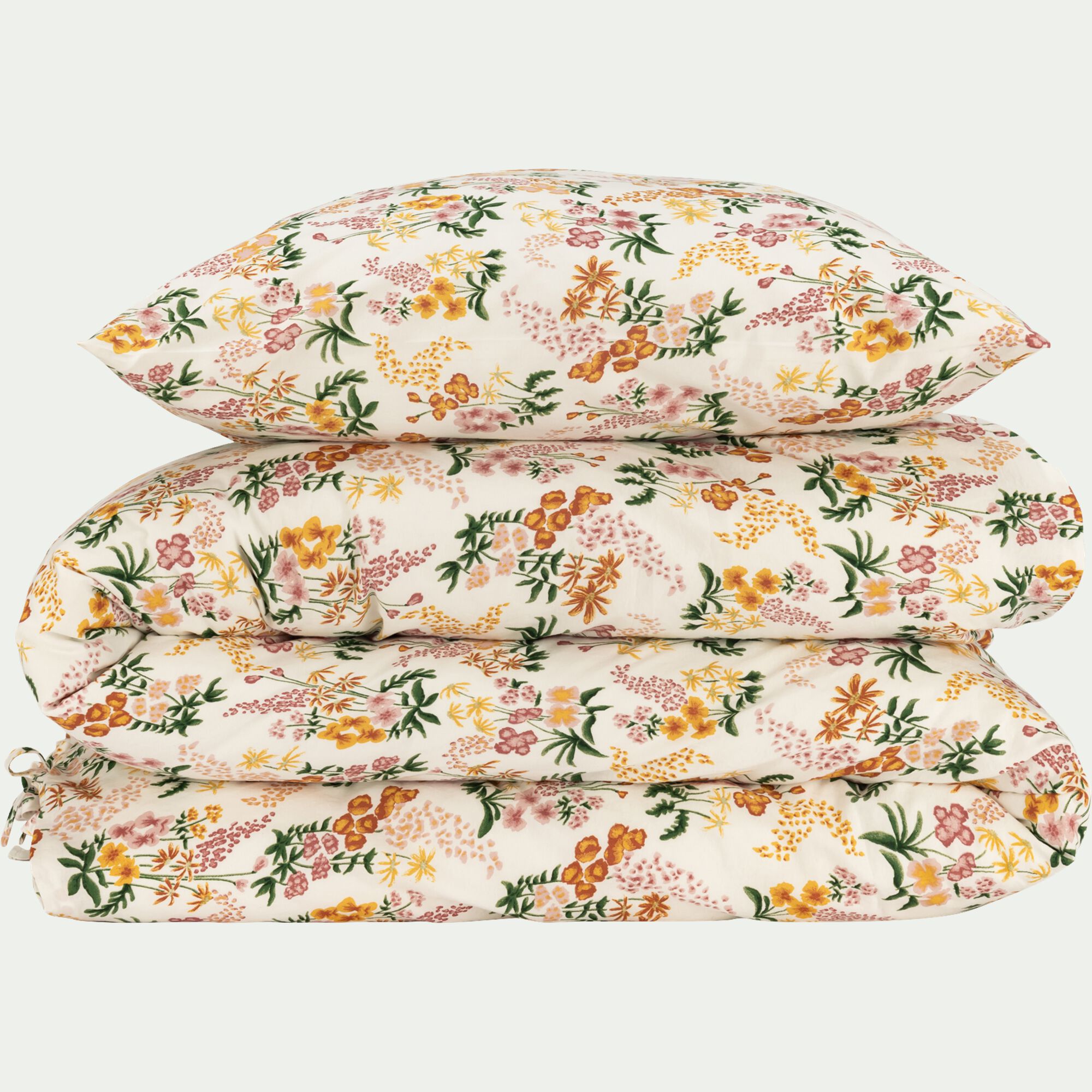 BOUQUET - Housse de couette 240x220cm et 2 taies d'oreiller 63x63cm motif floral en coton lavé - orange