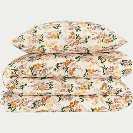 BOUQUET - Housse de couette 260x240cm et 2 taies d'oreiller 63x63cm motif floral en coton lavé - orange