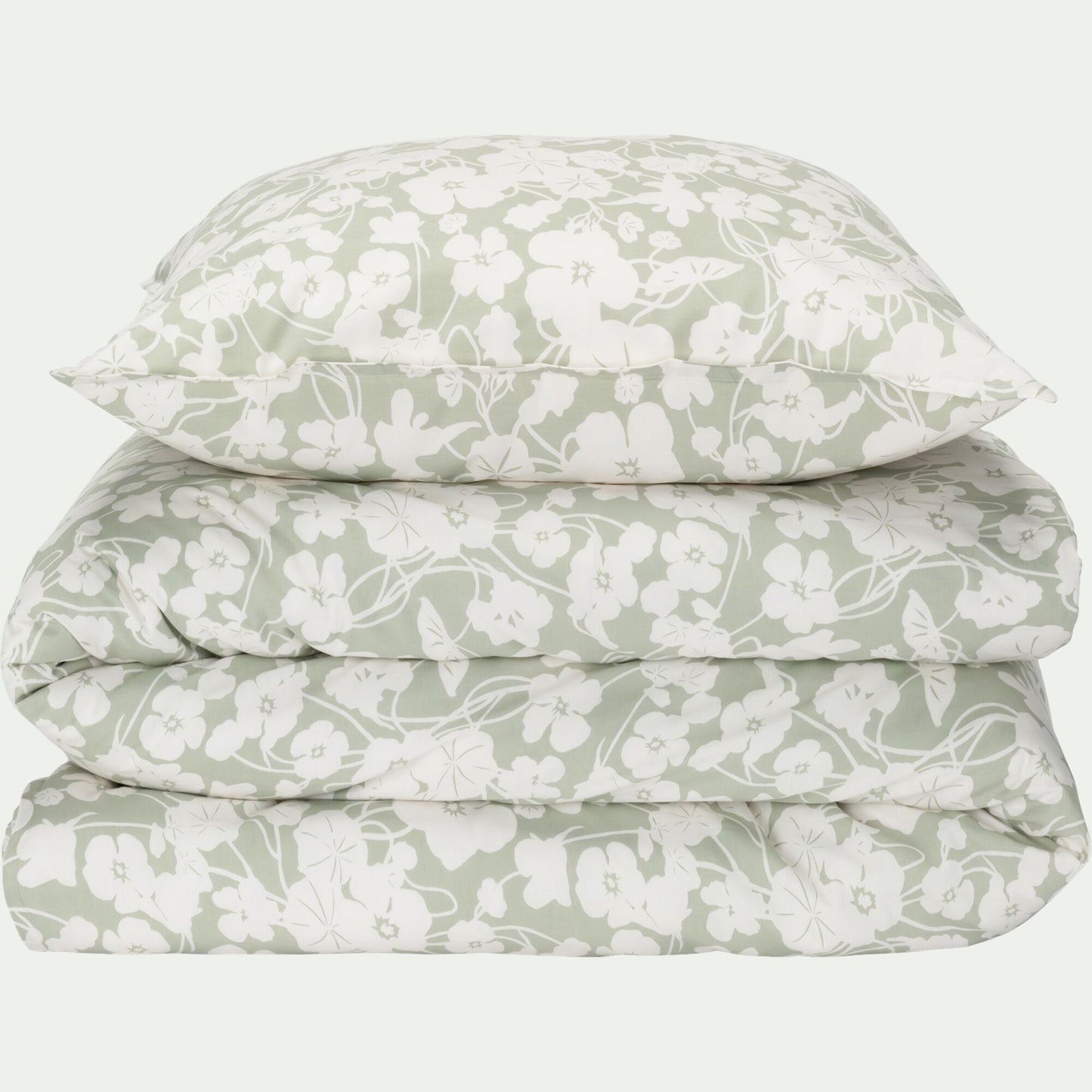 NYMPHE - Housse de couette 260x240cm et 2 taies d'oreiller 63x63cm en coton motif floral - vert
