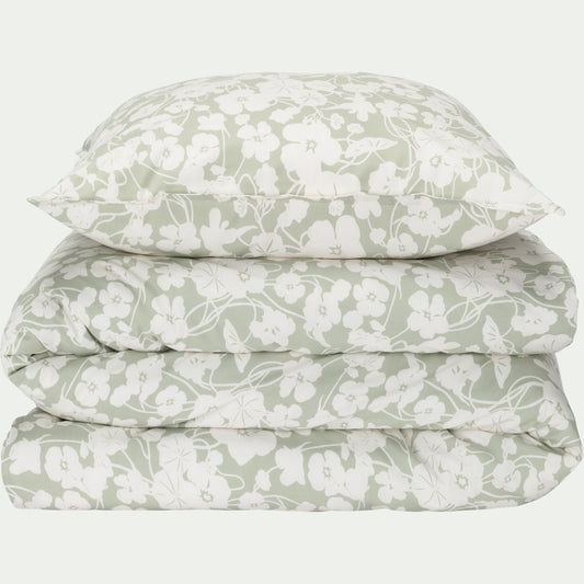 NYMPHE - Housse de couette 260x240cm et 2 taies d'oreiller 63x63cm en coton motif floral - vert